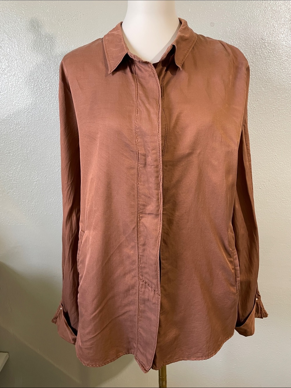 Marc Aurel Rust Cotton Silk Blouse Hidden Buttons Pockets Long Sleeve Large